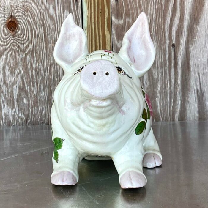 vintage boho hand painted ceramic pig with roses 9027