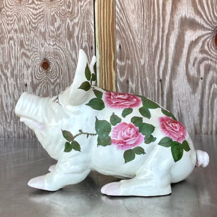 vintage boho hand painted ceramic pig with roses 9347