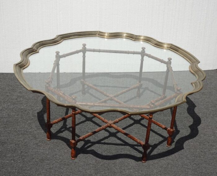 vintage brass glass scalloped edge cocktail coffee table baker style bamboo style 1990