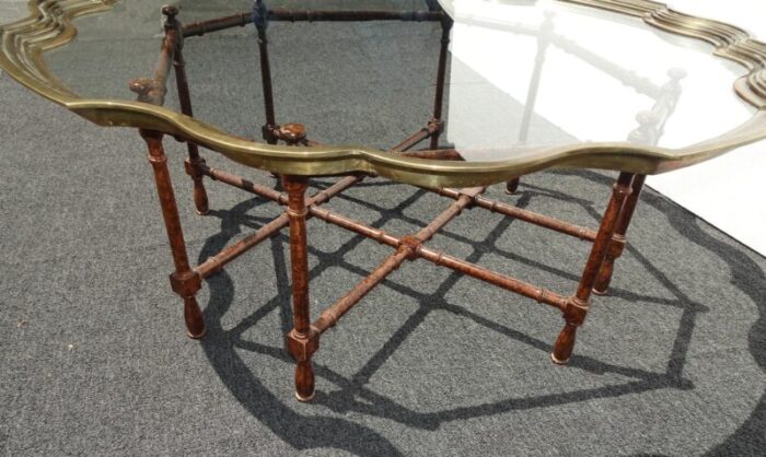 vintage brass glass scalloped edge cocktail coffee table baker style bamboo style 4024