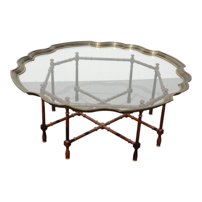 vintage brass glass scalloped edge cocktail coffee table baker style bamboo style 4471