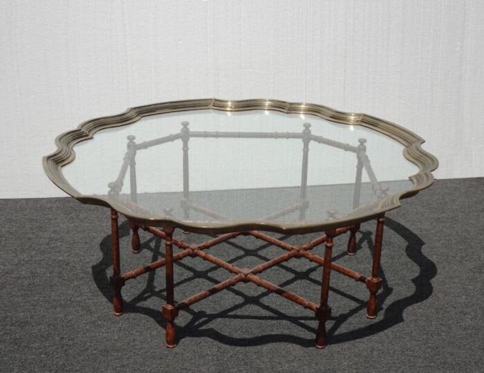 vintage brass glass scalloped edge cocktail coffee table baker style bamboo style 9384