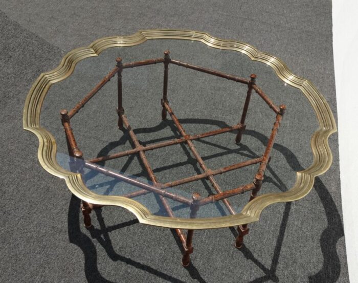 vintage brass glass scalloped edge cocktail coffee table baker style bamboo style 9552