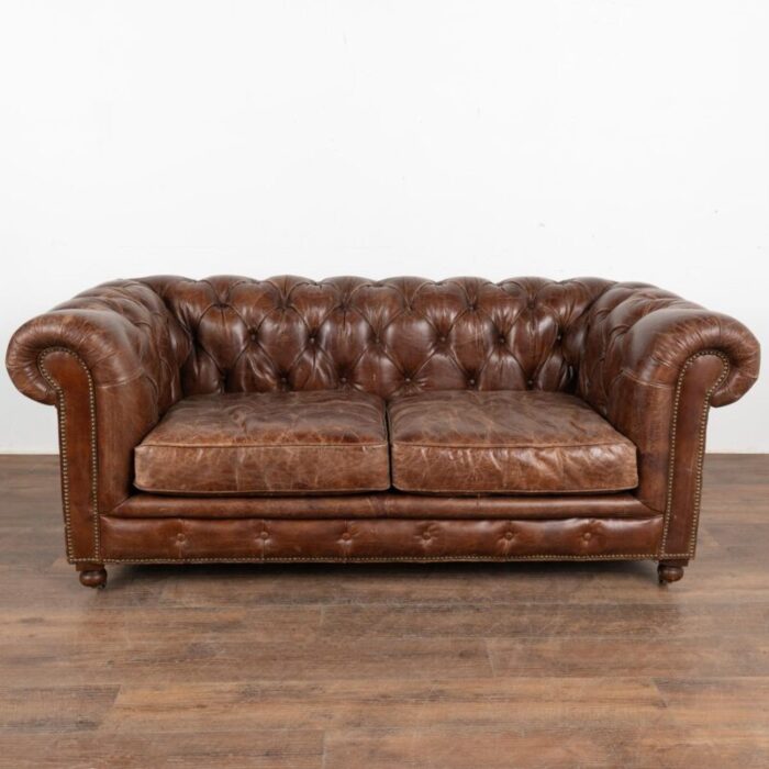 vintage brown leather chesterfield two seat sofa loveseat england circa 1960 80 4808