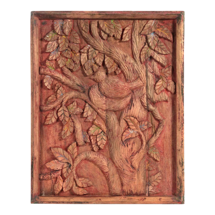 vintage carved tree of life with birds wooden wall panel 7487