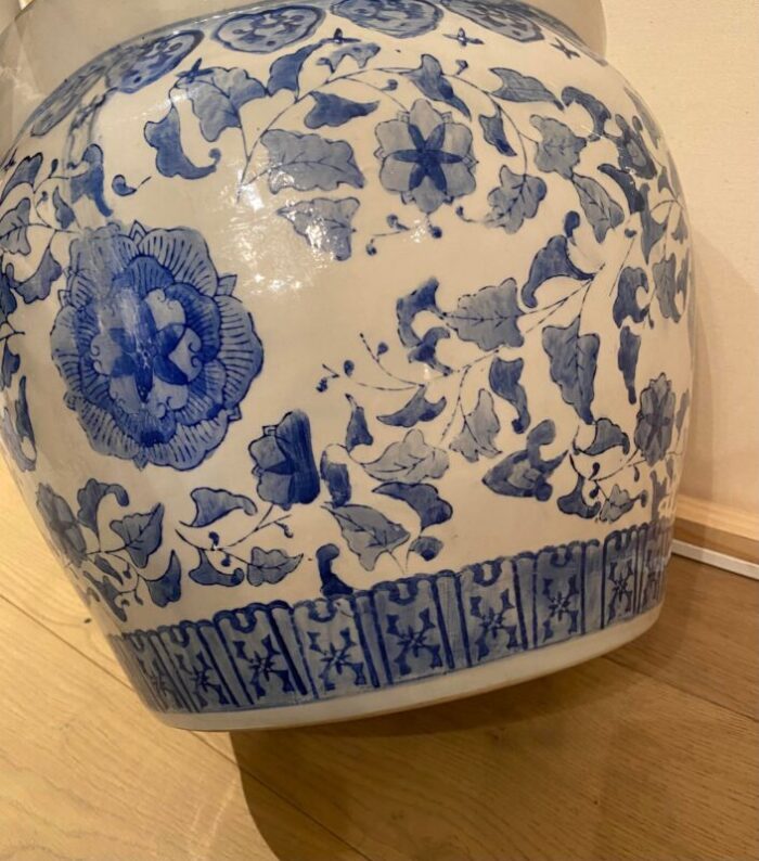 vintage chinese ceramic blue and white fish bowl planter floral pot 5395