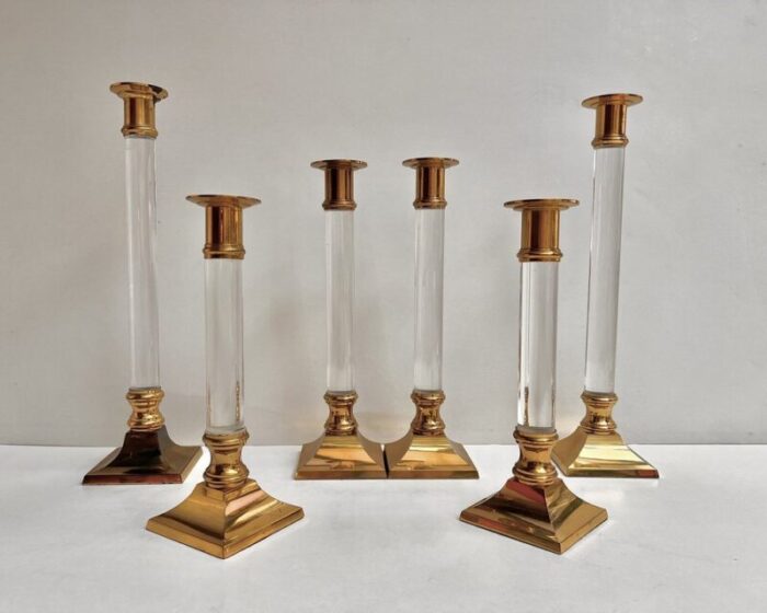 vintage french candlesticks in gilt brass and acrylic glass 1970s set of 6 1