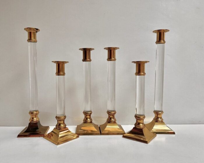 vintage french candlesticks in gilt brass and acrylic glass 1970s set of 6 2