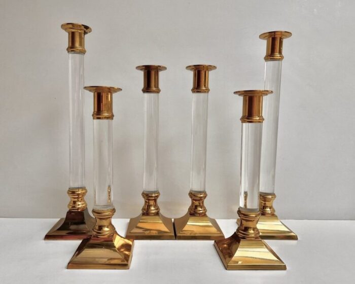 vintage french candlesticks in gilt brass and acrylic glass 1970s set of 6 3