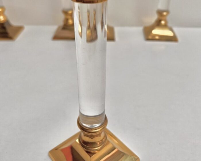 vintage french candlesticks in gilt brass and acrylic glass 1970s set of 6 4