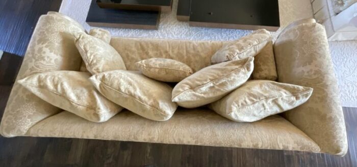 vintage french country carved wood rolled arm off white chenille sofa in french chesterfield design 0749