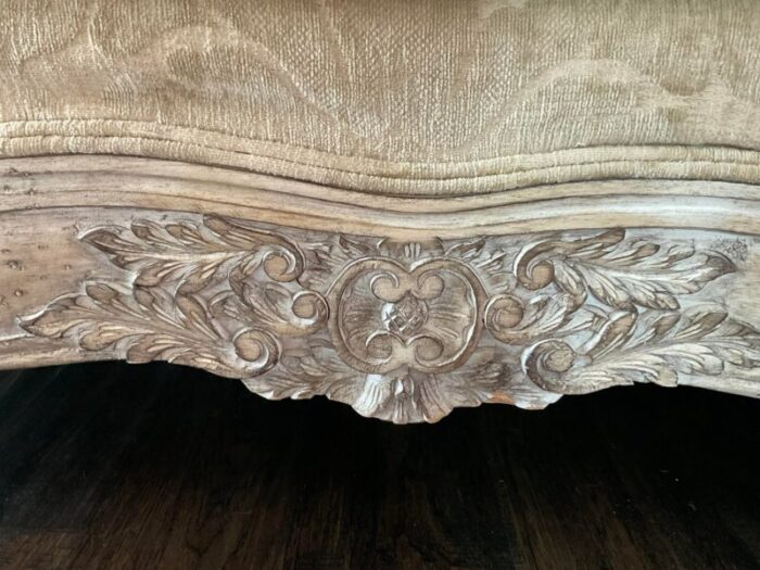 vintage french country carved wood rolled arm off white chenille sofa in french chesterfield design 3244