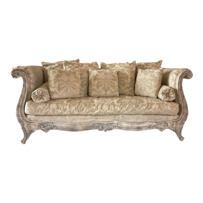 vintage french country carved wood rolled arm off white chenille sofa in french chesterfield design 4720