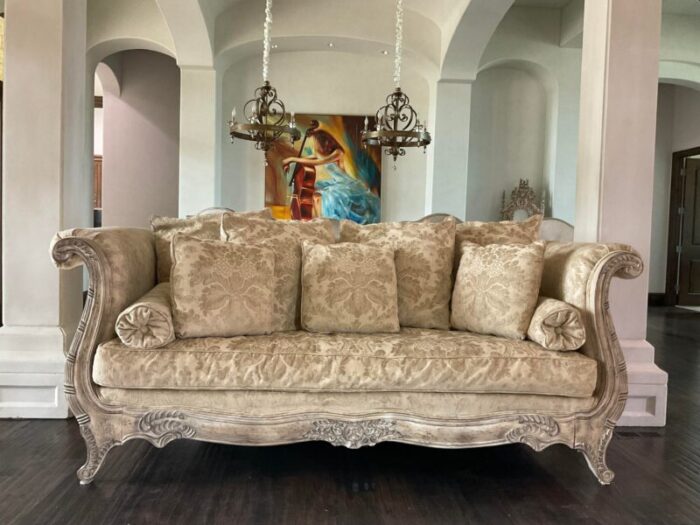 vintage french country carved wood rolled arm off white chenille sofa in french chesterfield design 9842