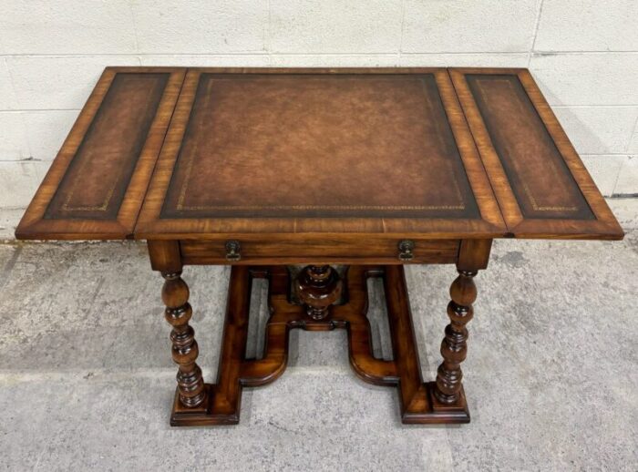 vintage french louis xiii style drop leaf leather top table by john richard 1463