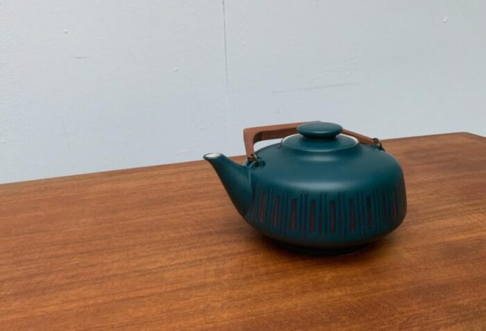 vintage german ceramic teapot with teak handle 1