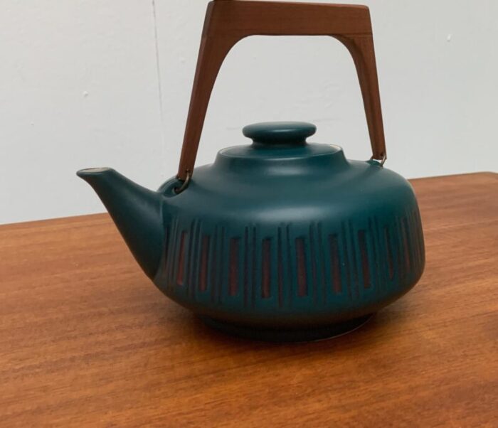 vintage german ceramic teapot with teak handle 15