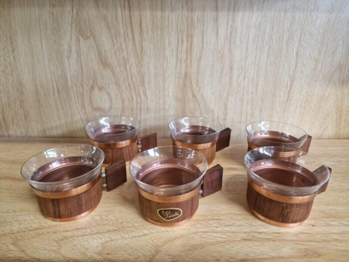 vintage glass cups in teak set of 6 1