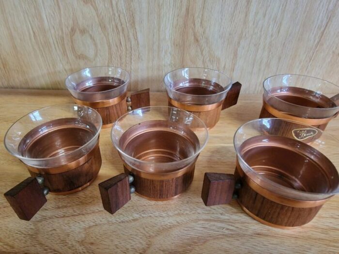 vintage glass cups in teak set of 6 2