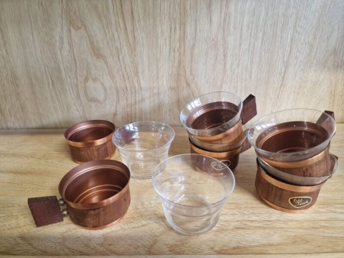 vintage glass cups in teak set of 6 3