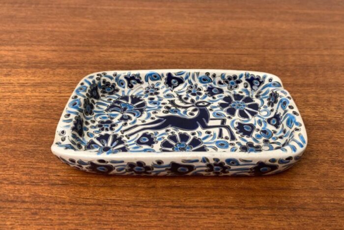 vintage greek nassos blue handmade ceramic ashtray with deer and flower ornament from rodos ceramics 1