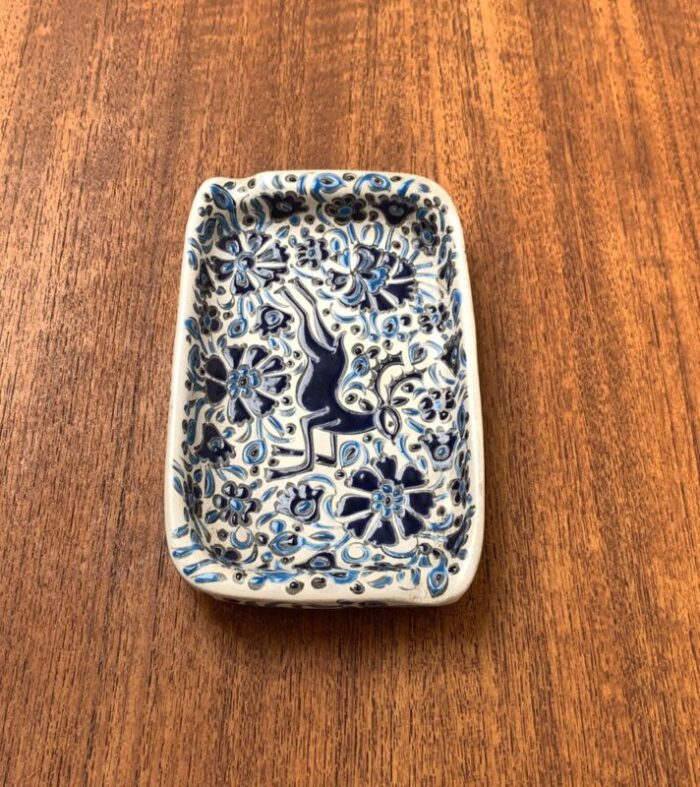 vintage greek nassos blue handmade ceramic ashtray with deer and flower ornament from rodos ceramics 10