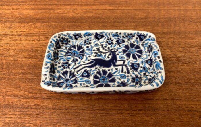 vintage greek nassos blue handmade ceramic ashtray with deer and flower ornament from rodos ceramics 12