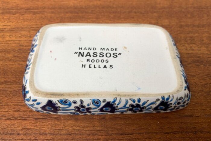 vintage greek nassos blue handmade ceramic ashtray with deer and flower ornament from rodos ceramics 18