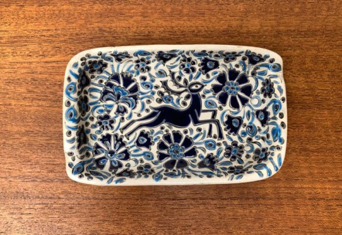 vintage greek nassos blue handmade ceramic ashtray with deer and flower ornament from rodos ceramics 2