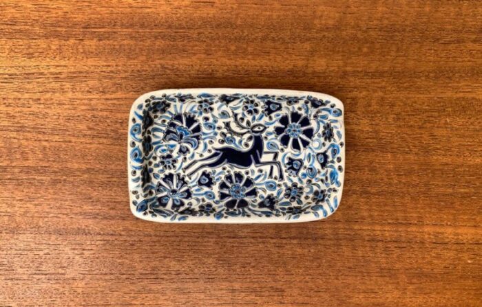 vintage greek nassos blue handmade ceramic ashtray with deer and flower ornament from rodos ceramics 4