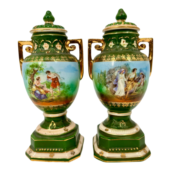 vintage green erphila czecho slovakia footed urns with lids pair 8389