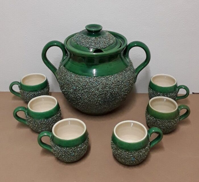 vintage green glazed ceramics tea set by carinthian manual work austrian 1970s set of 7 1