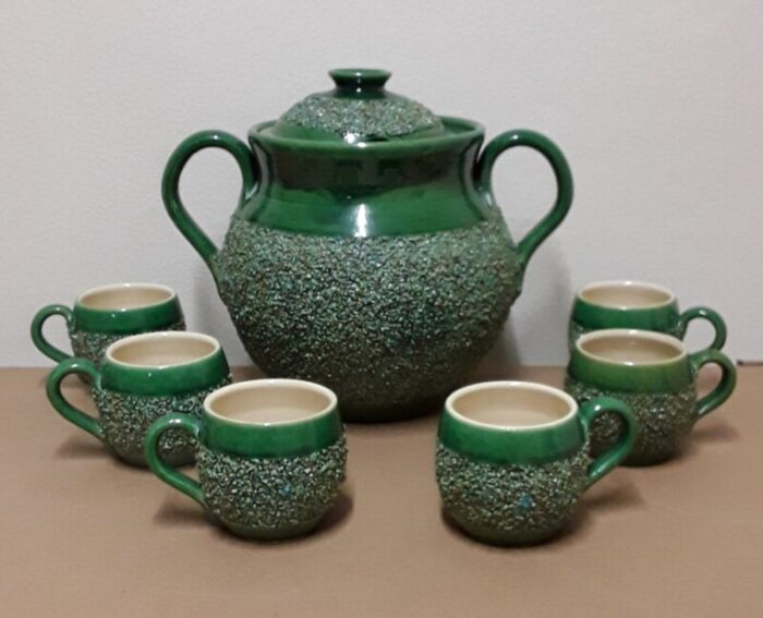 vintage green glazed ceramics tea set by carinthian manual work austrian 1970s set of 7 2