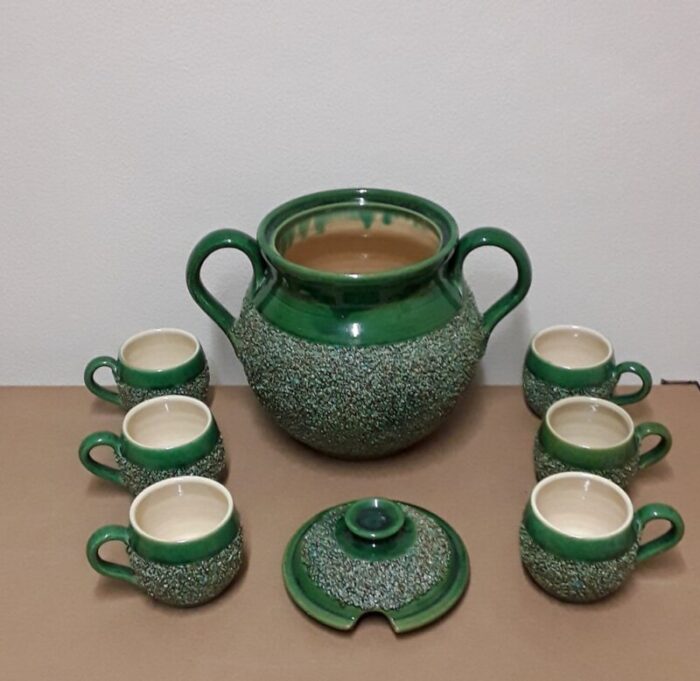 vintage green glazed ceramics tea set by carinthian manual work austrian 1970s set of 7 3