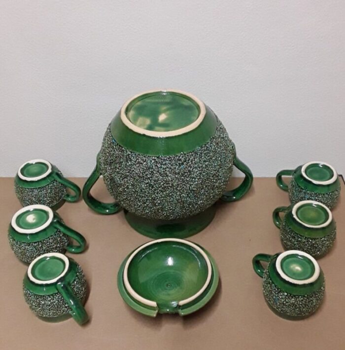 vintage green glazed ceramics tea set by carinthian manual work austrian 1970s set of 7 4