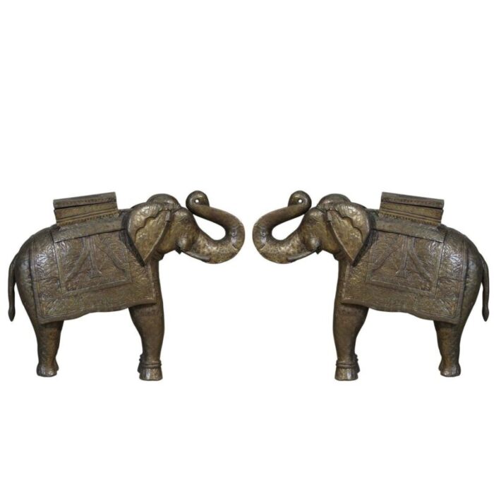 vintage hand carved solid wood elephant statue with brass cladding 1670