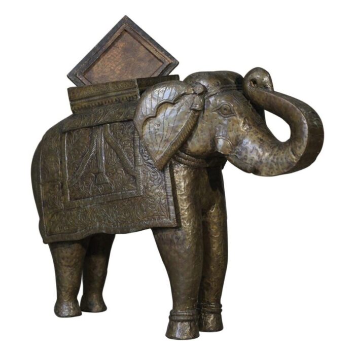 vintage hand carved solid wood elephant statue with brass cladding 5518