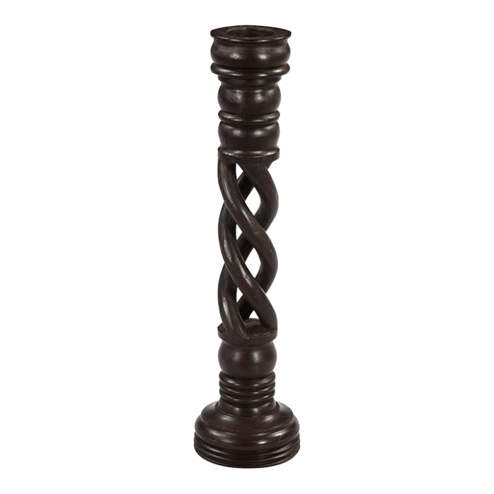 vintage hand carved tall wooden candle stick in dark brown finish 7791