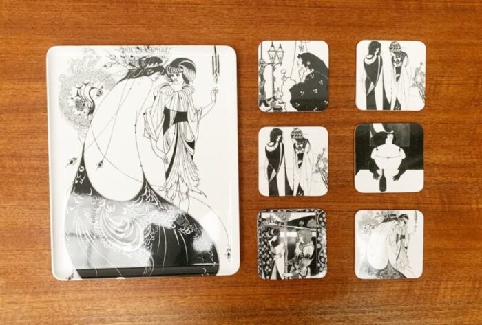 vintage italian plastic tray coasters with aubrey vincent beardsley designs from mebel set of 7 1