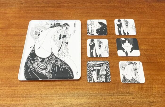 vintage italian plastic tray coasters with aubrey vincent beardsley designs from mebel set of 7 12