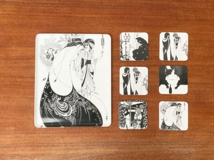 vintage italian plastic tray coasters with aubrey vincent beardsley designs from mebel set of 7 13