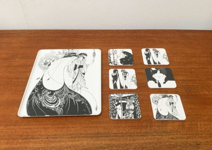 vintage italian plastic tray coasters with aubrey vincent beardsley designs from mebel set of 7 2