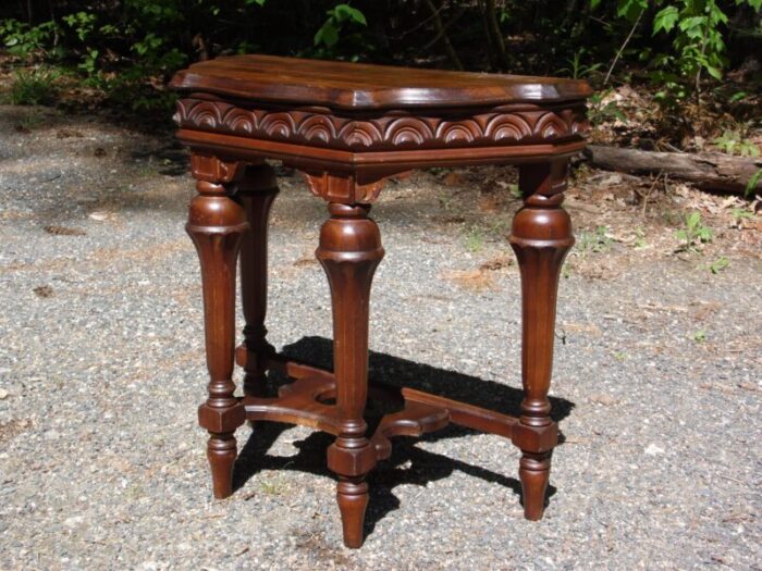 vintage jacobean spanish revival style solid walnut entry table demilune table 0662