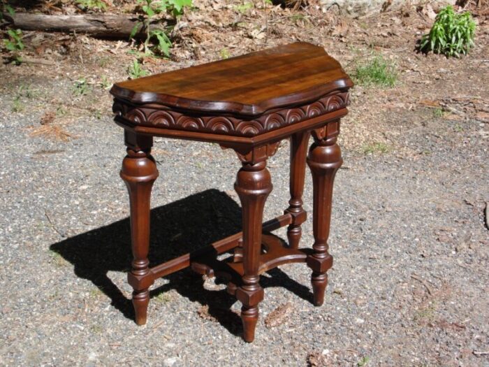 vintage jacobean spanish revival style solid walnut entry table demilune table 2758