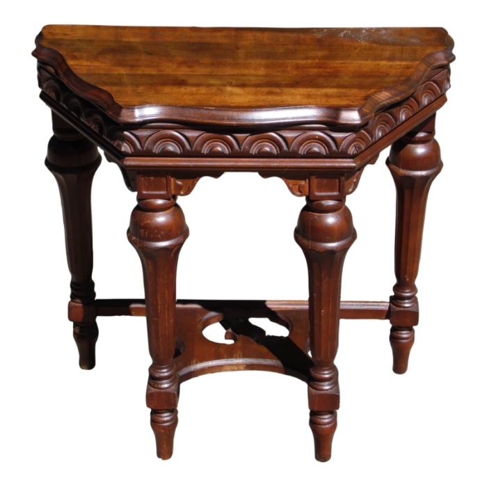 vintage jacobean spanish revival style solid walnut entry table demilune table 5532