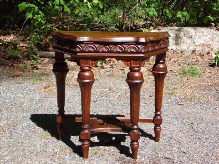 vintage jacobean spanish revival style solid walnut entry table demilune table 5799