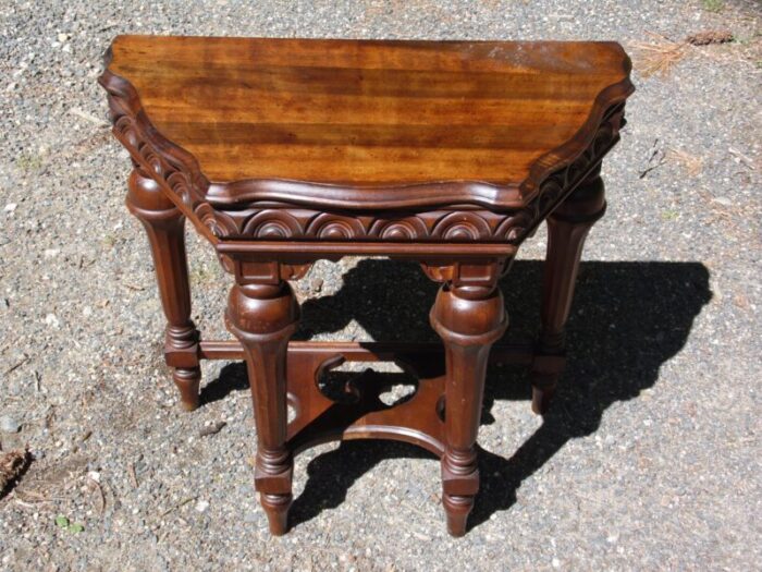 vintage jacobean spanish revival style solid walnut entry table demilune table 5972