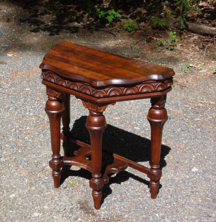 vintage jacobean spanish revival style solid walnut entry table demilune table 8982