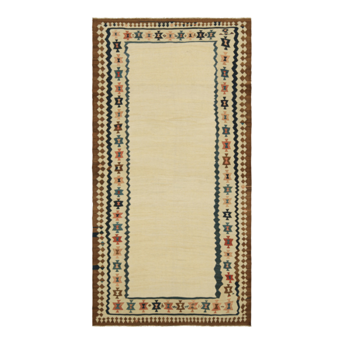 vintage kilim with beige open field and geometric borders from rug and kilim 5245