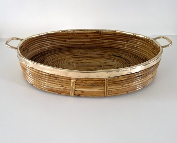 vintage large crespi style rattan basket with brass trim 0845